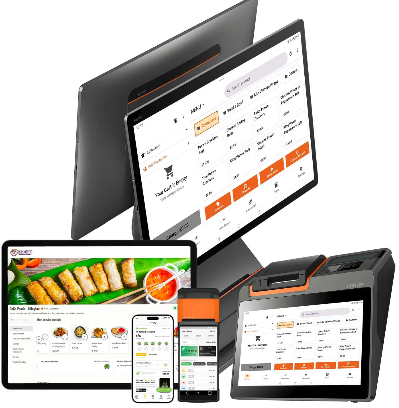 Order Tiger all in one: EPOS till with customer display, branded web ordering on a tablet, the loyalty app on a phone and a handheld till