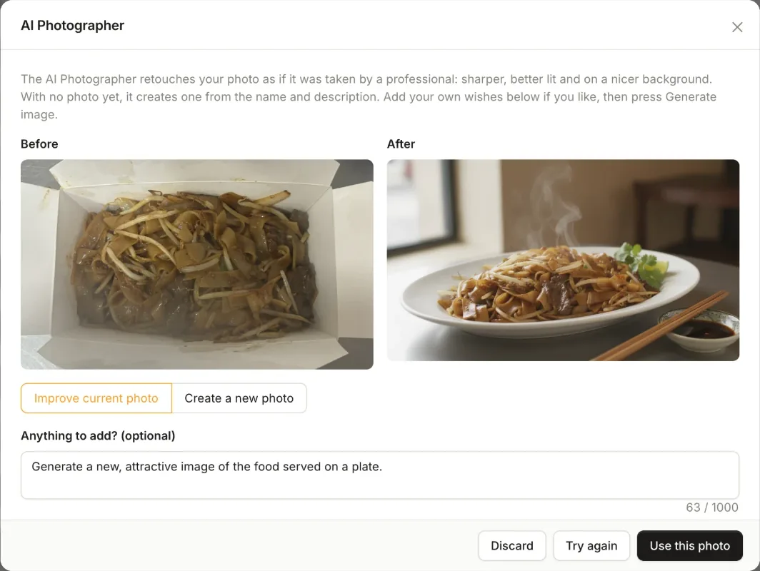 The AI Photographer in the Order Tiger dashboard: a phone photo of flat noodles in a takeaway box, and the same dish retouched and served on a plate
