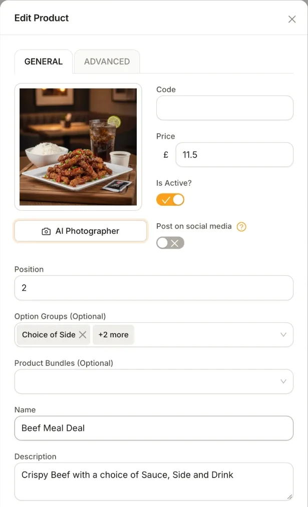 The Edit Product form in the Order Tiger dashboard with the AI Photographer button under the product photo