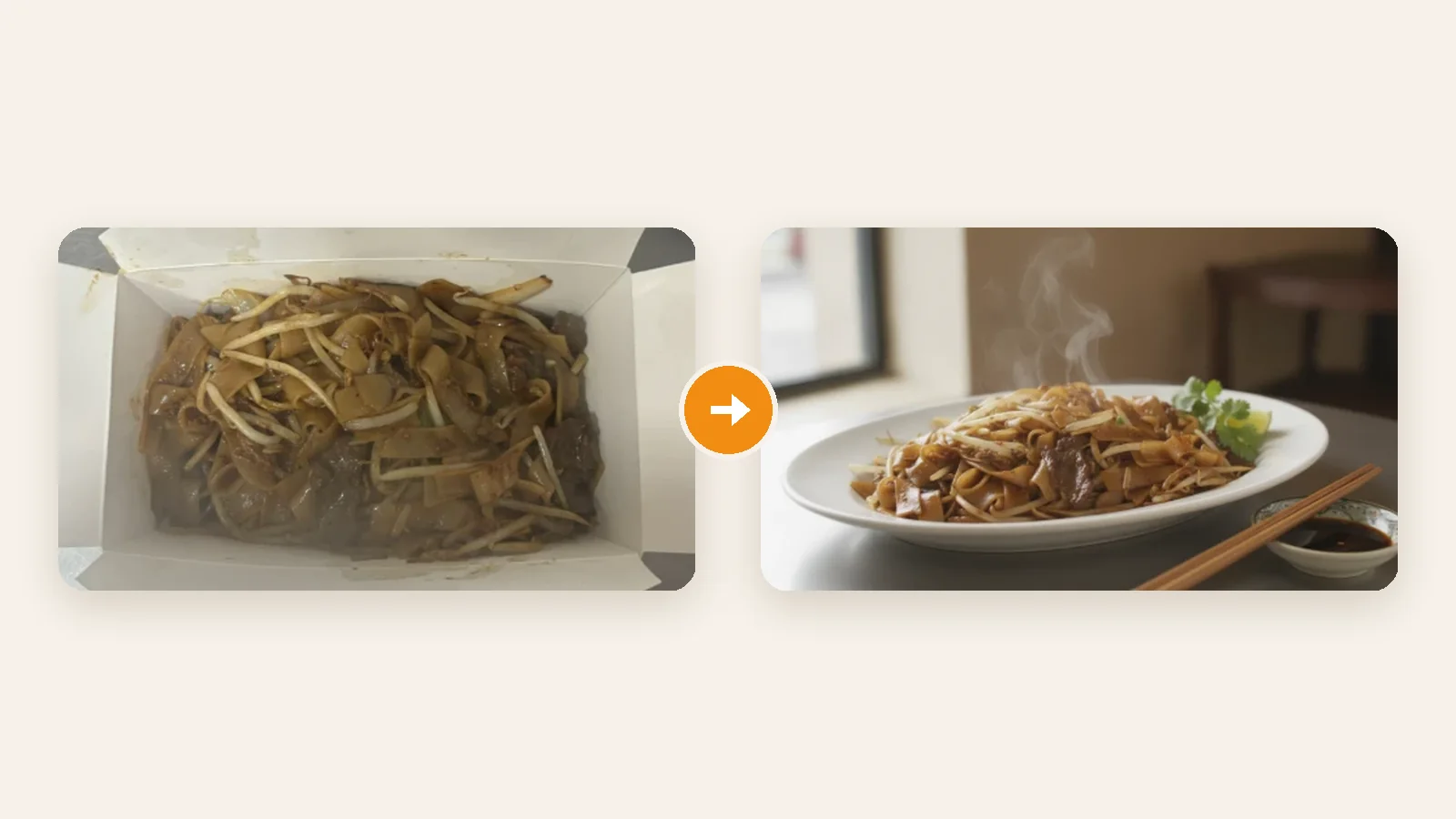 Before and after: flat noodles photographed in a takeaway box, and the same dish retouched by the AI Photographer and served on a plate
