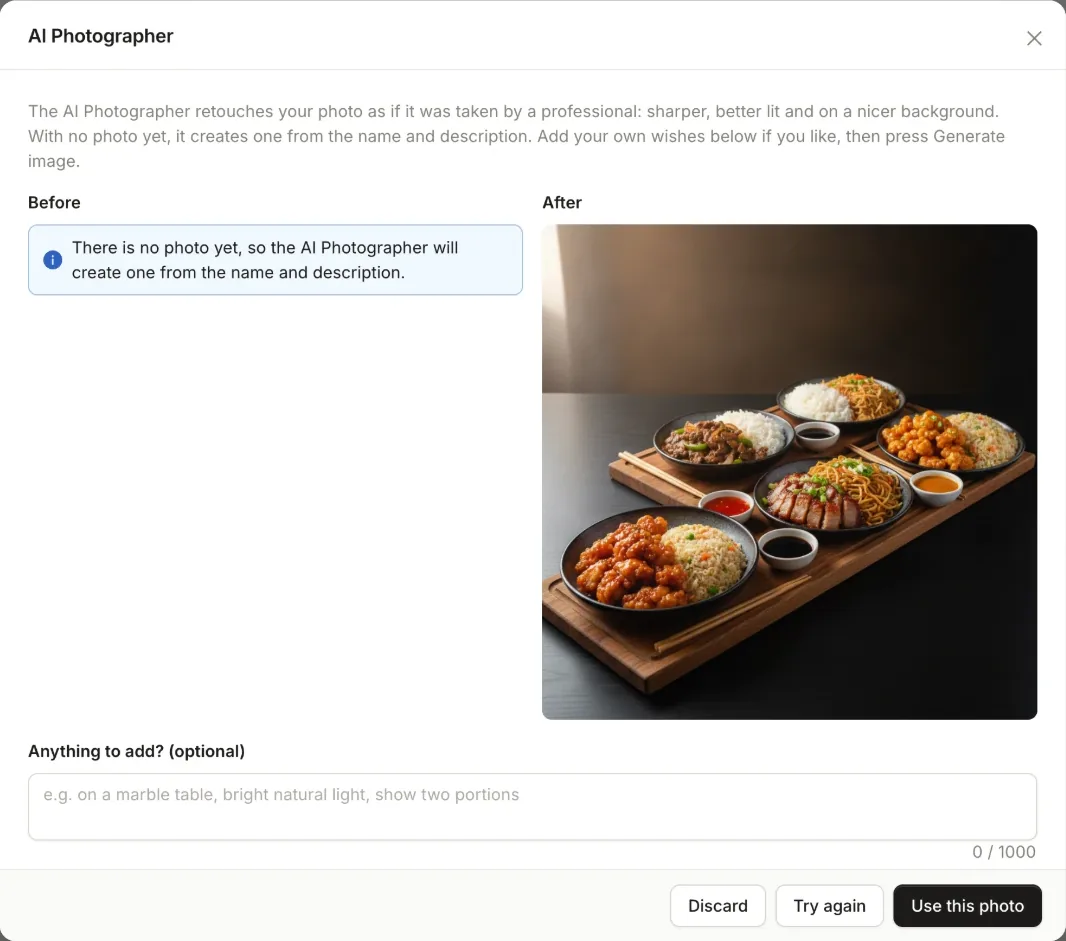 A menu cover photo created by the AI Photographer: a spread of Asian dishes with noodles, rice, sweet and sour chicken and dipping sauces