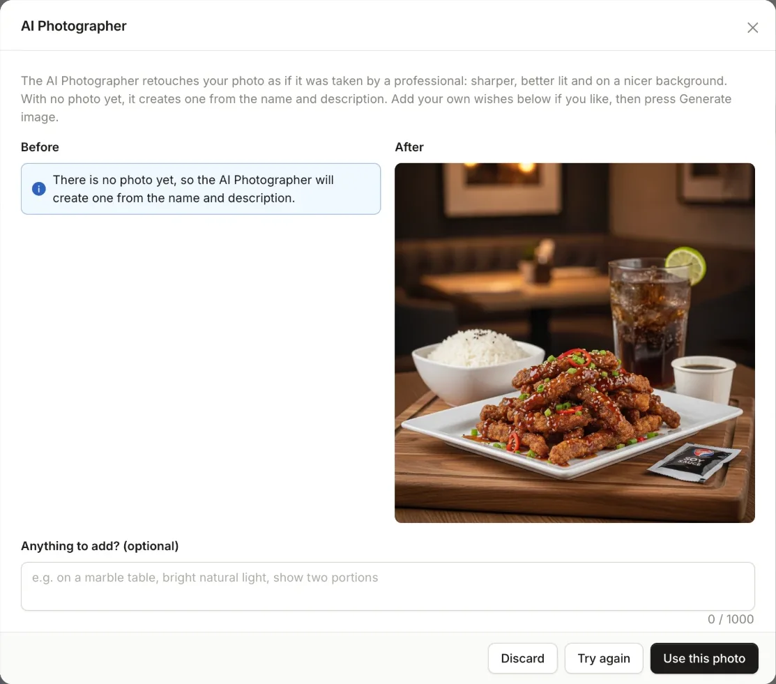 The AI Photographer creating a photo of a Beef Meal Deal, crispy beef with rice, a drink and a dip, for a product that had no photo