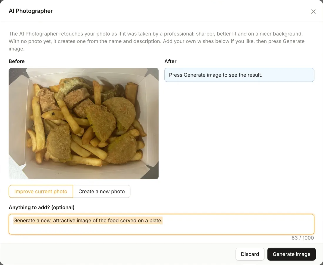 A meal deal of chips and crispy bites in a takeaway box, with the request “Generate a new, attractive image of the food served on a plate” typed into the AI Photographer