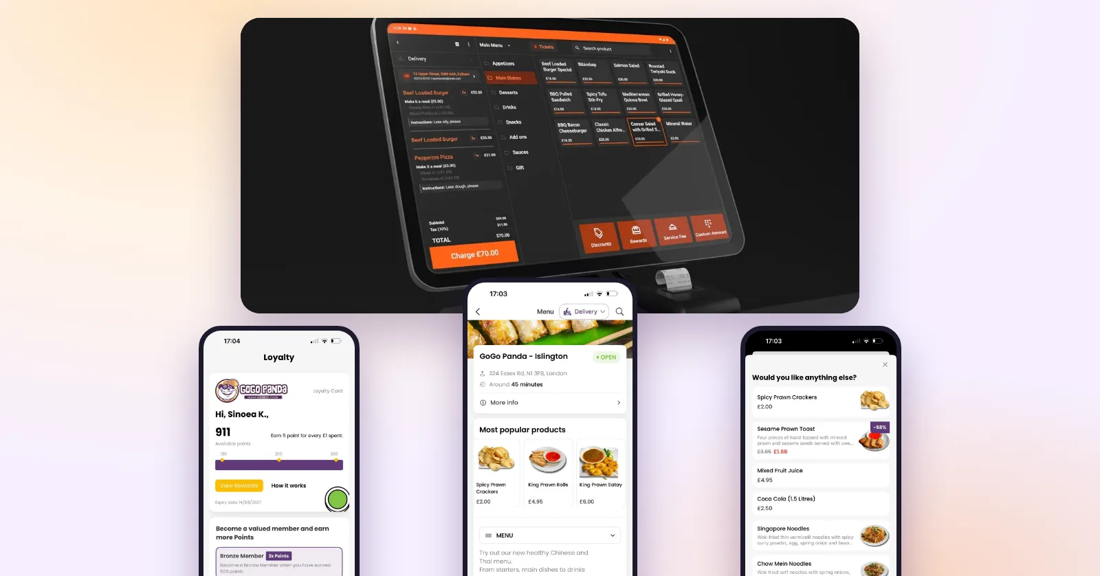 Order Tiger EPOS till above three white-label restaurant app screens: loyalty card, store menu and checkout upsell