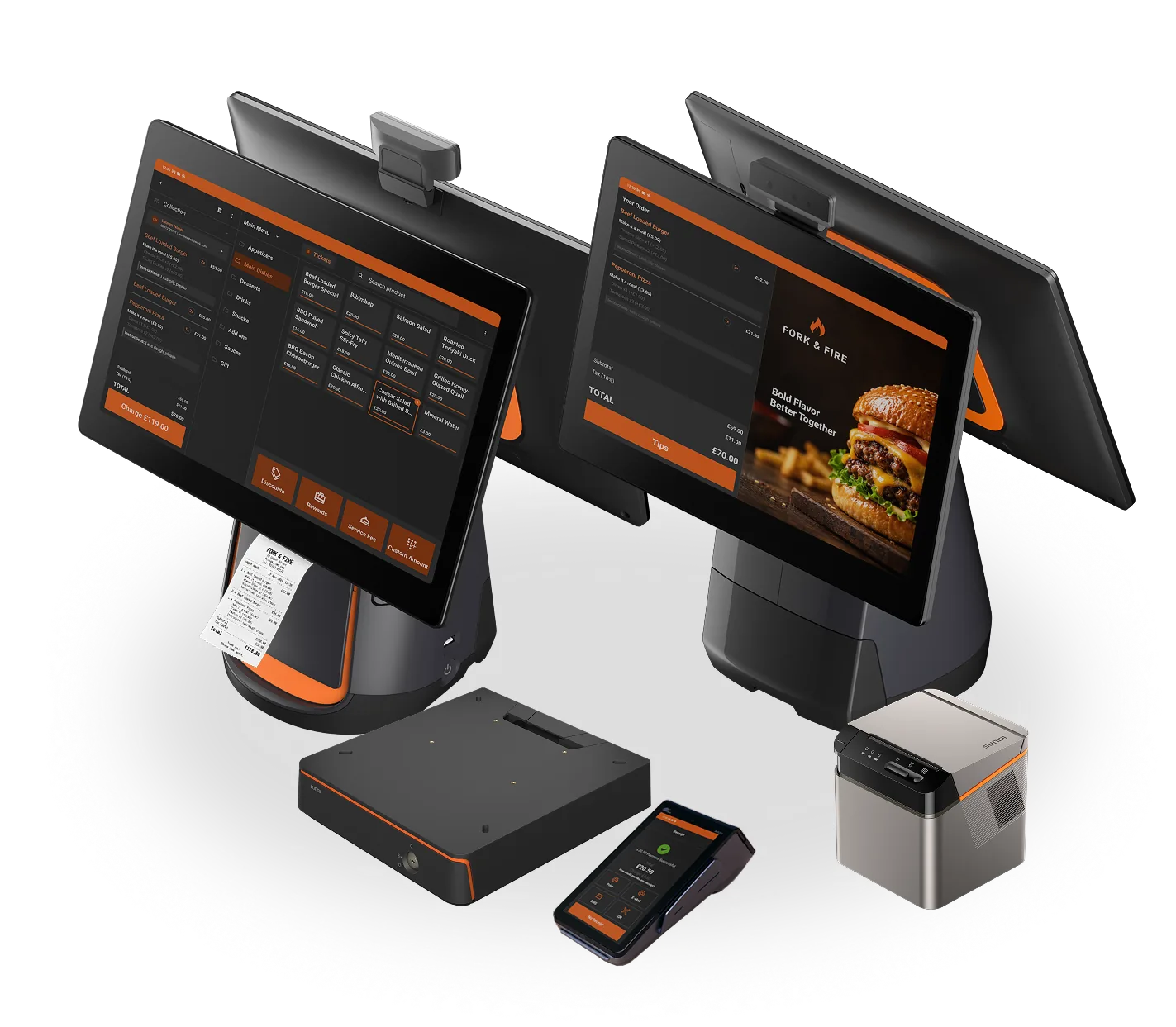 Order Tiger EPOS: two tills with customer displays, a cash drawer, a card terminal and a kitchen printer