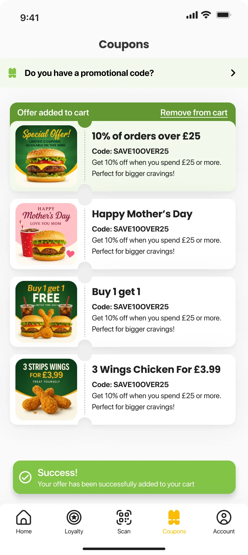 Promotions screen mockup